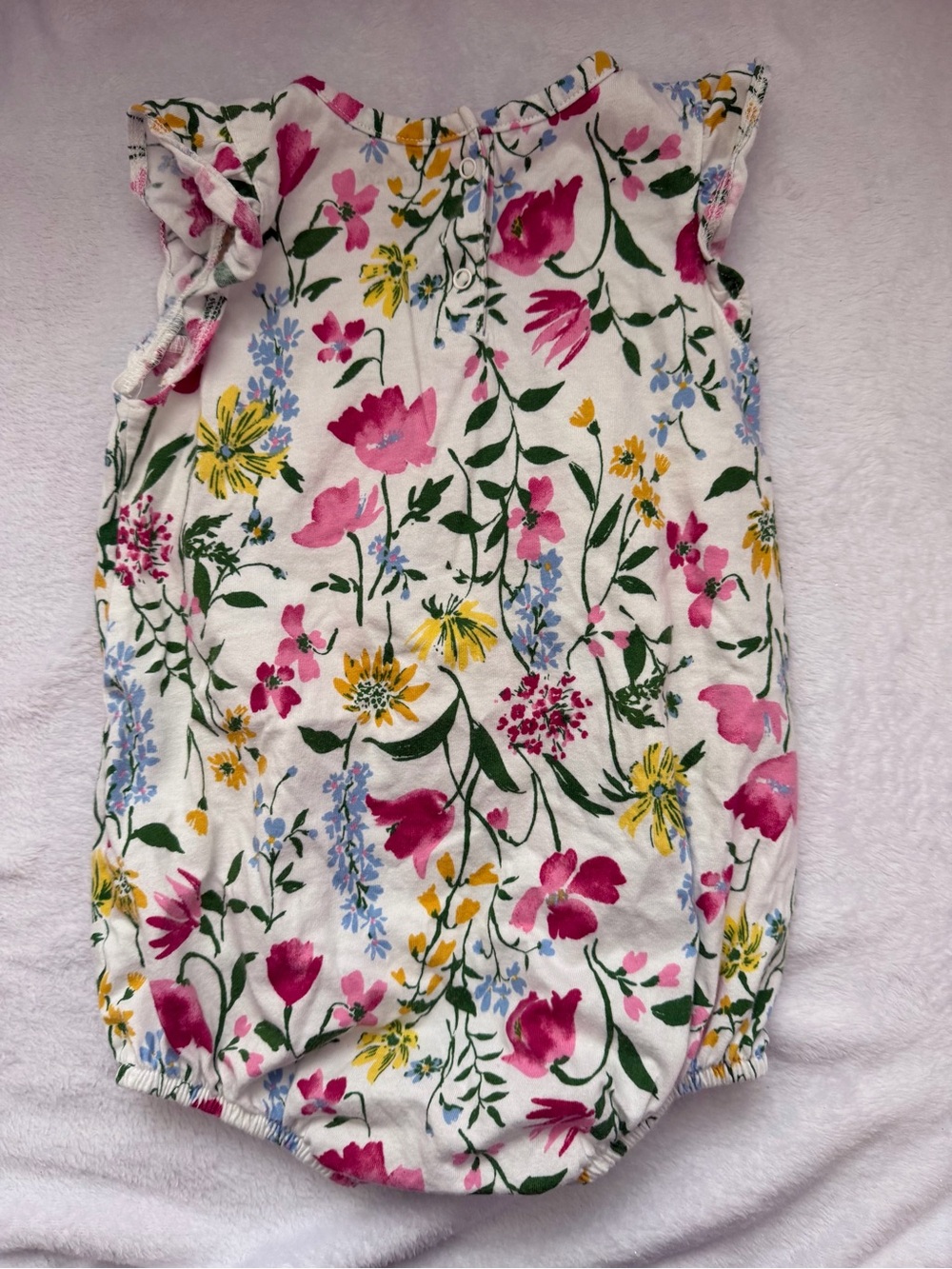 Old Navy White Floral Baby Romper with Pink, Yellow, & Blue Blossoms - Picture 2 of 3